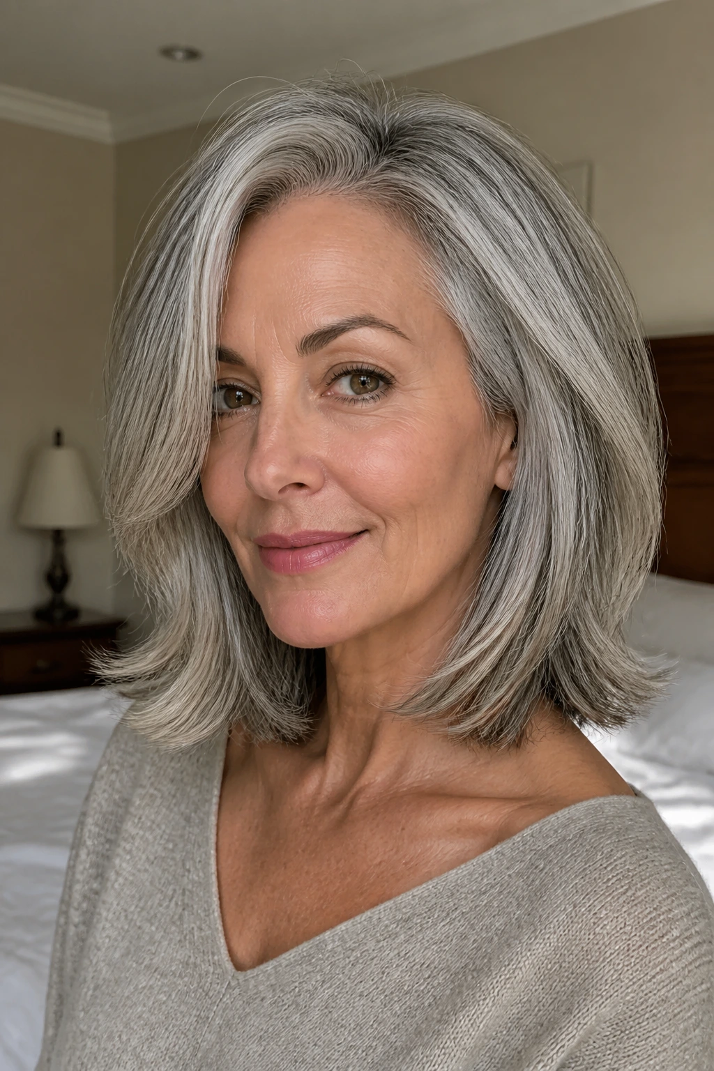 Close-up portrait of a real woman with feathered gray lob and side part, soft natural window light.