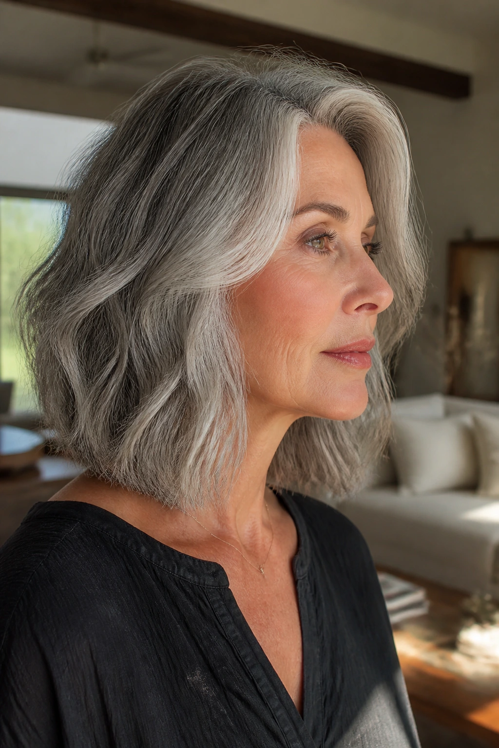 Portrait of a real person with a gray lob styled for movement