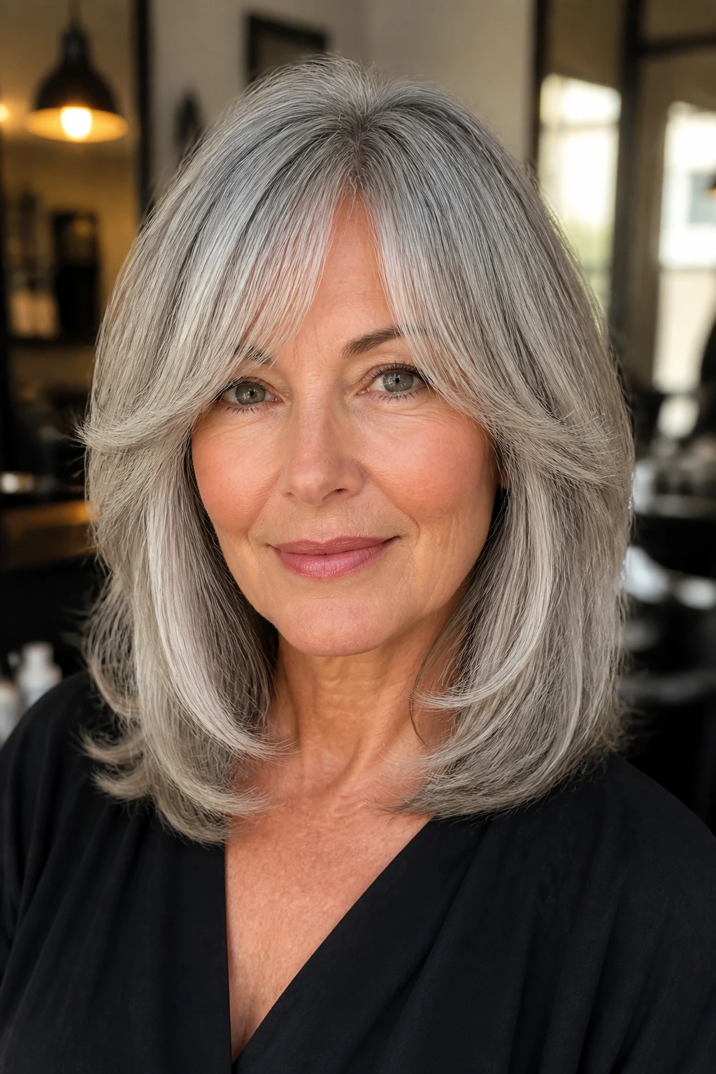 Close-up of a real woman with a gray lob and curtain bangs in a sunlit salon
