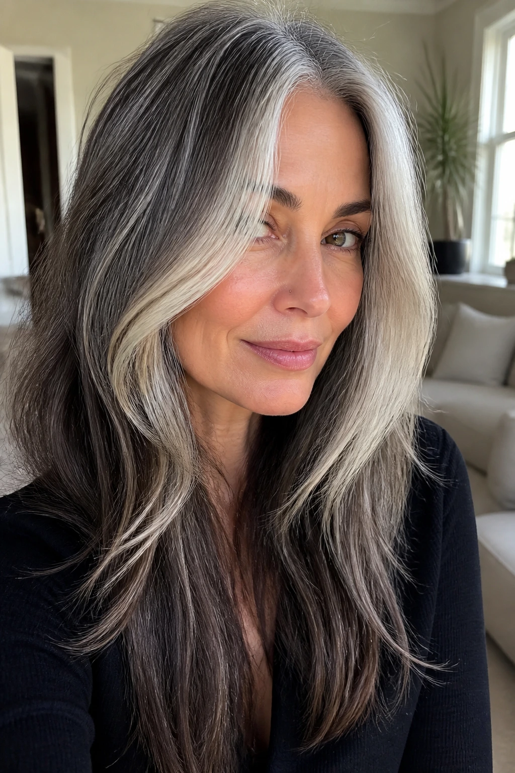 Real woman with long gray hair and smoke-lit face-framing pieces framing the face.