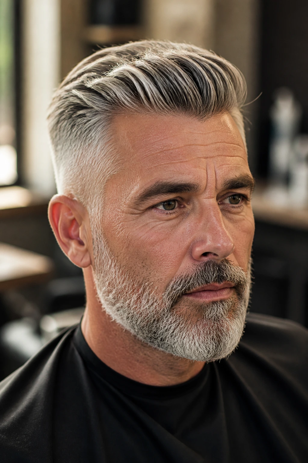 Close-up portrait of a man with salt-and-pepper gray hair in a barber chair