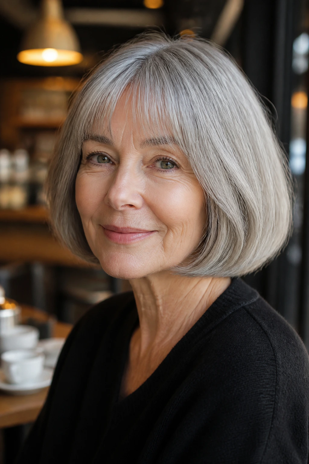 Close-up of a woman with a soft gray pageboy cut