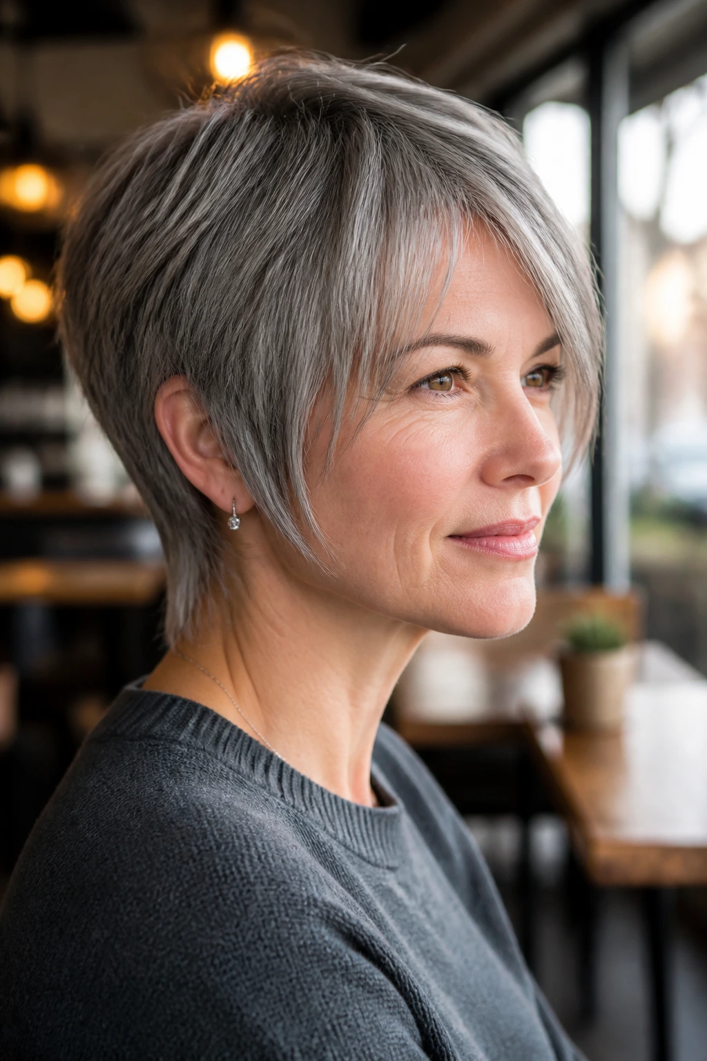 Close-up portrait of a real woman with a long gray pixie-bob hybrid hairstyle in warm cafe light