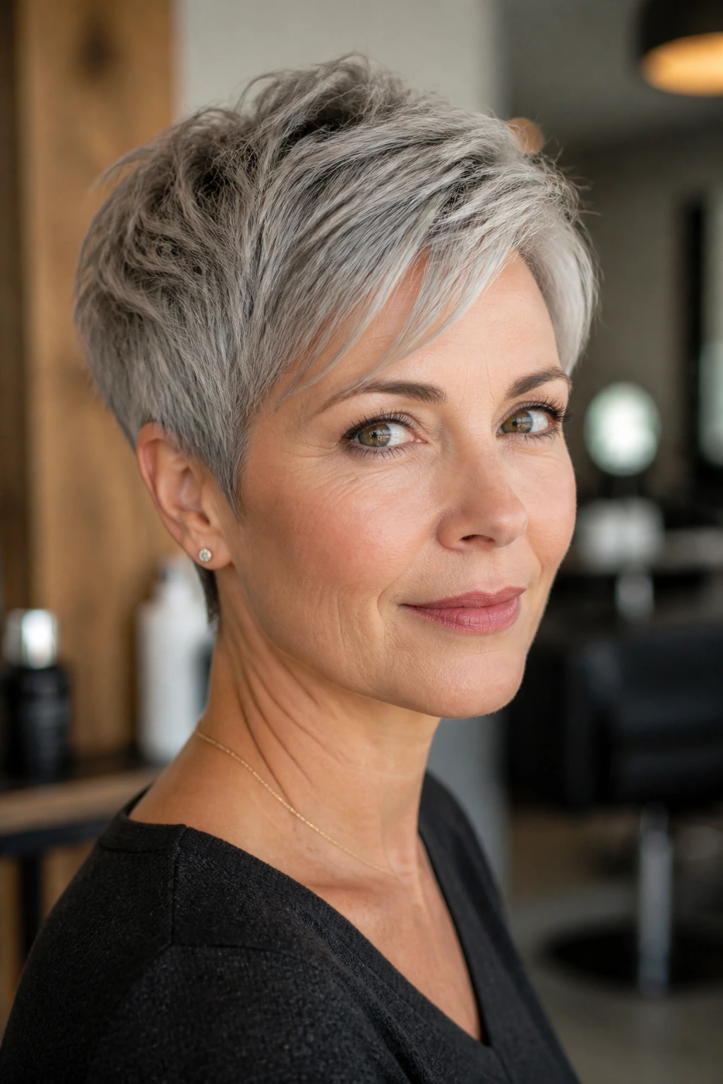 Portrait of a real woman with a flattering gray pixie cut in a modern salon