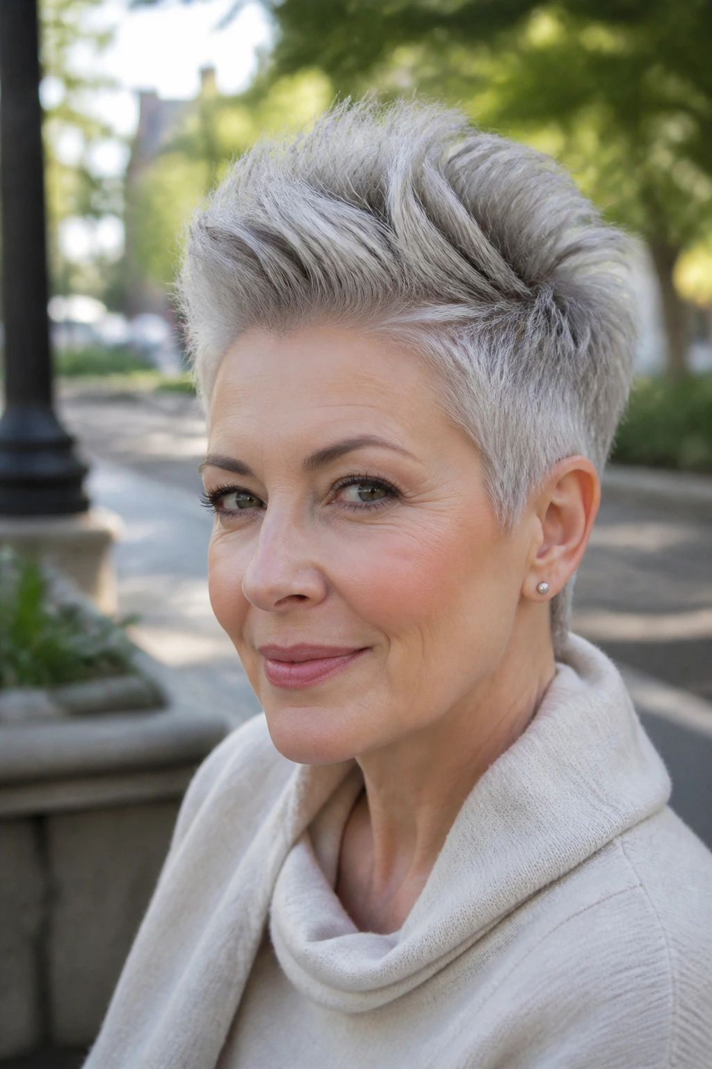 Close-up of an older woman with a frosted crown volume pixie in soft daylight