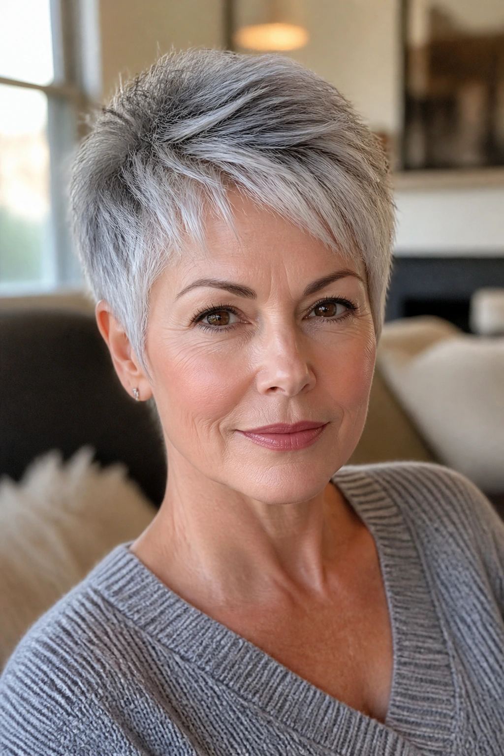 Mature woman with gray pixie cut close-up portrait with natural makeup