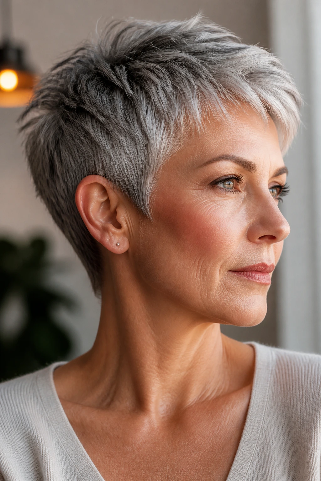 Close-up portrait of a real person with gray pixie cut showing silhouette and texture