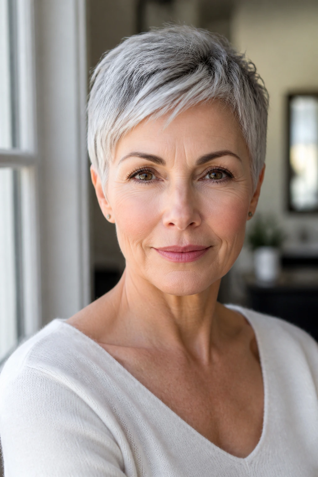 Close-up of an older woman with a gray pixie cut in warm window light