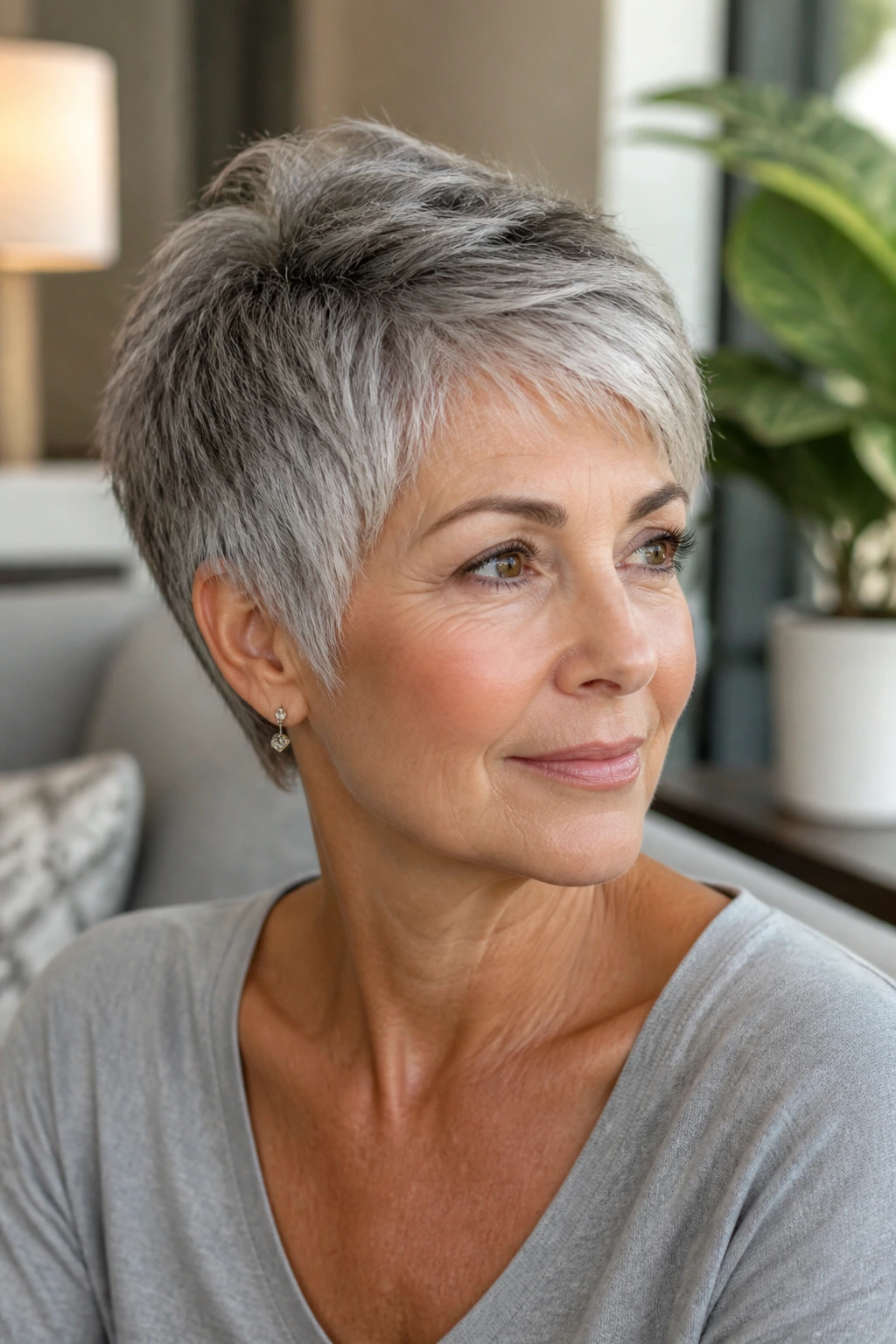 Portrait of an older woman with blended gray pixie and feathered sides in a softly lit living space