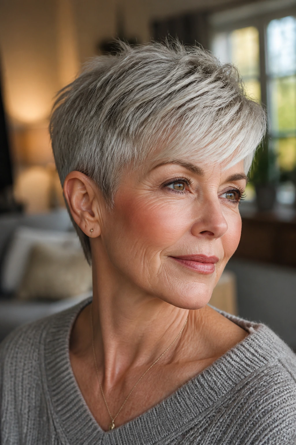 Close-up of a real woman with a brushed-forward fringe pixie