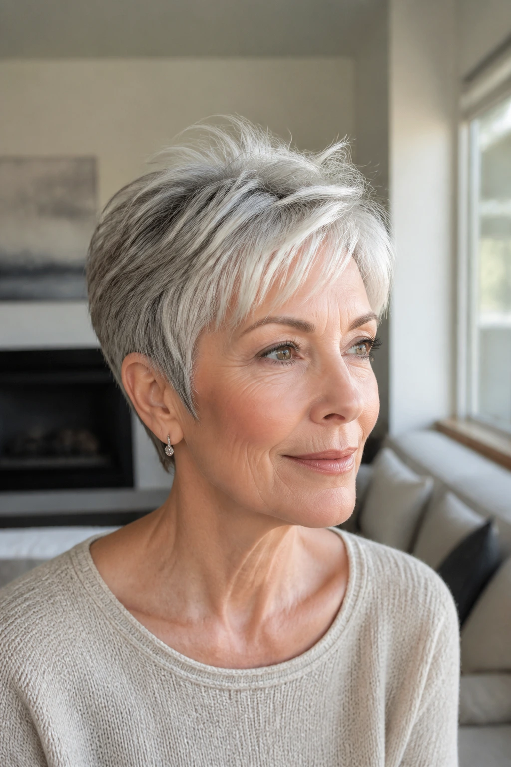 Close-up of a real woman with a blended gray pixie showing layered gray tones