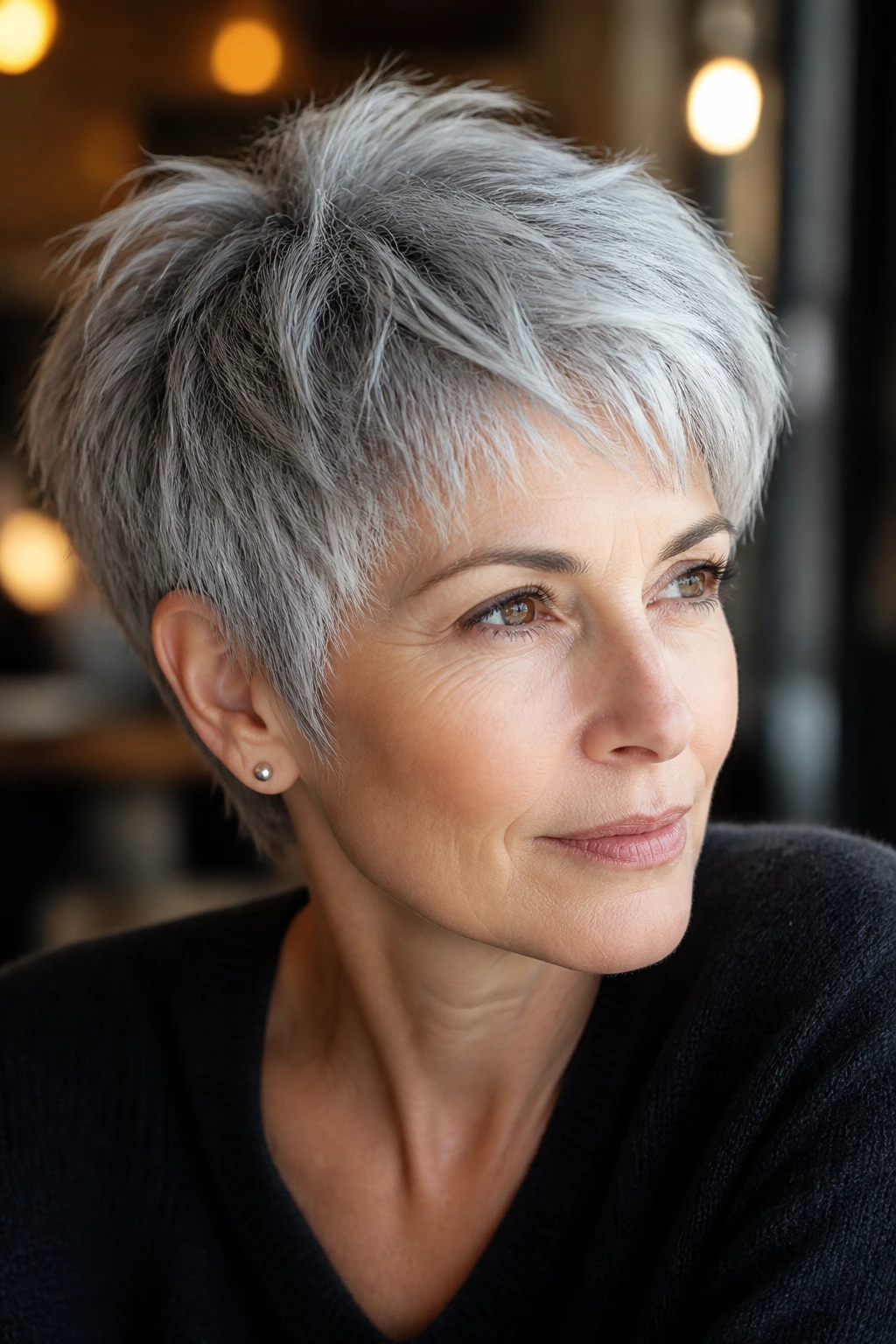 Close-up portrait of a real woman with a piecey gray pixie and micro-layers