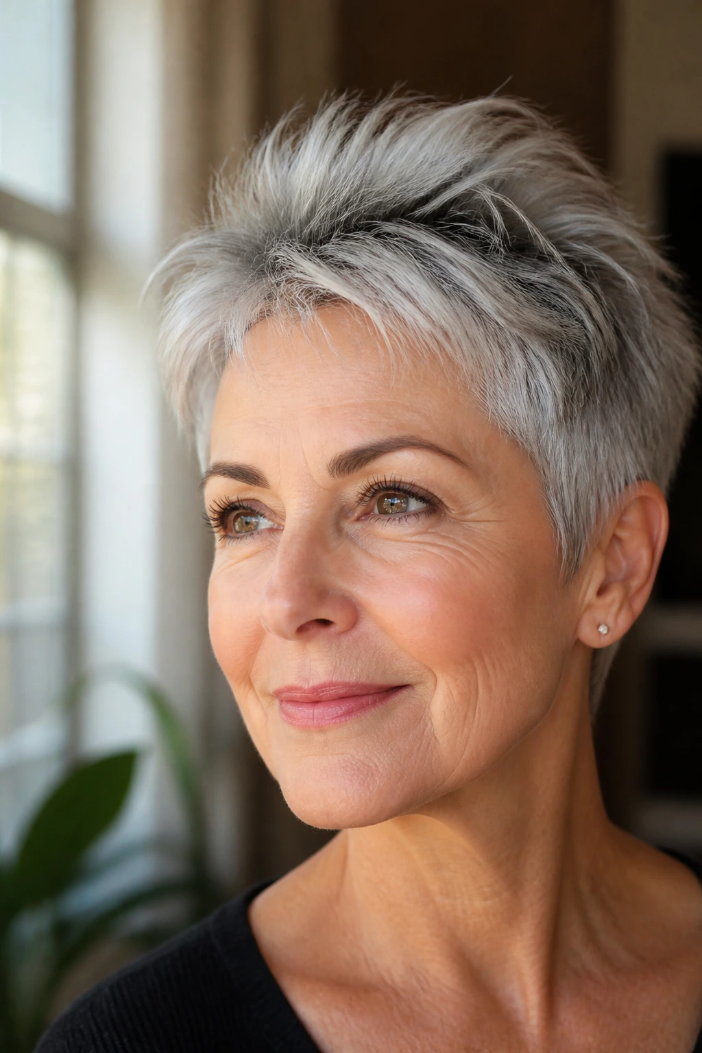 Portrait of a real woman with a short gray pixie cut showing lift at the crown