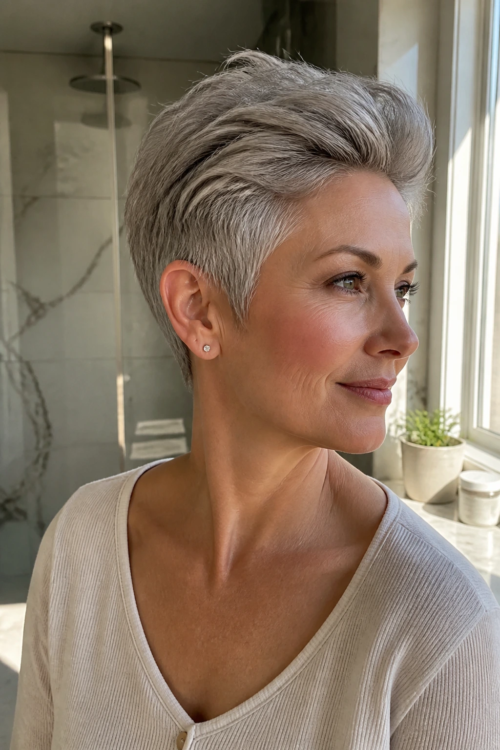 Close-up of a woman with a silver pixie cut, crown lift in daylight bathroom