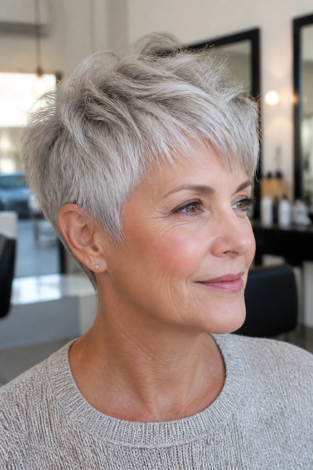 Close-up of a real woman with a gray pixie cut and pearl-toned gray