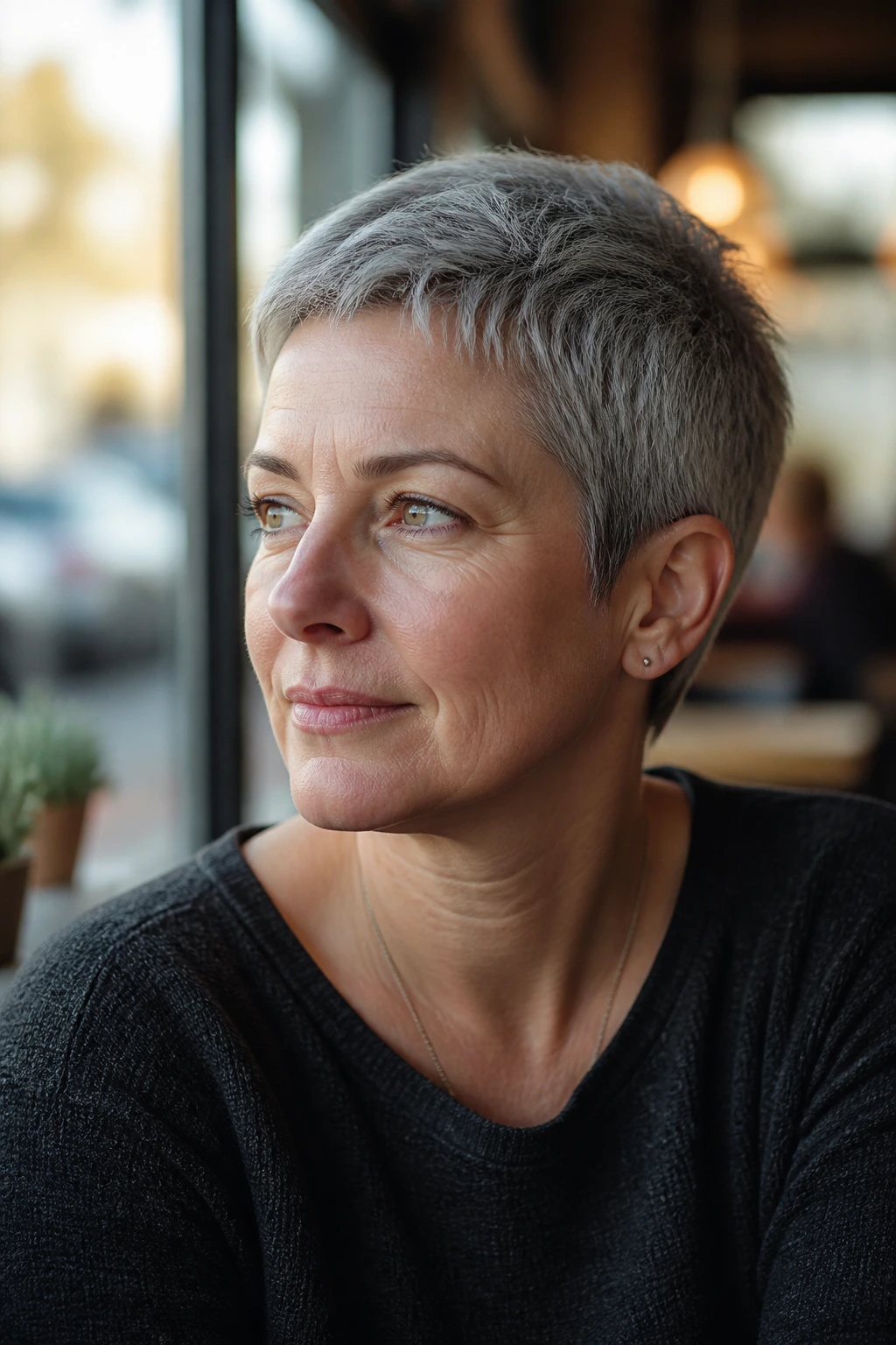Close-up of a real woman with a gray pixie cut featuring soft-edged hairline