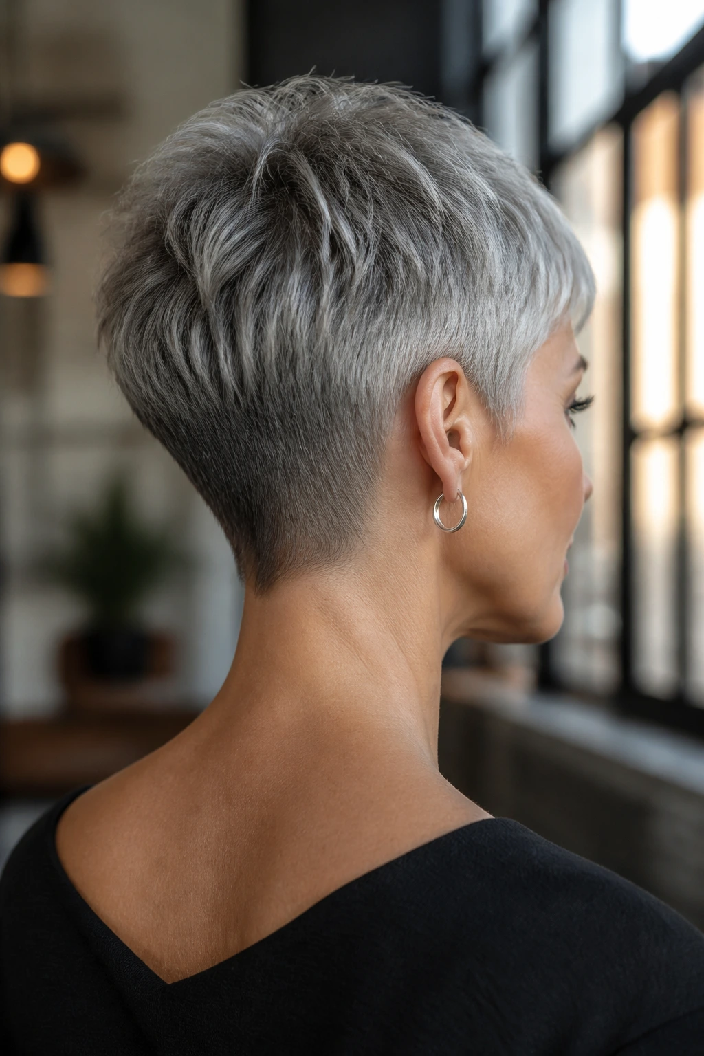 Portrait of real woman with gray pixie cut and tapered nape