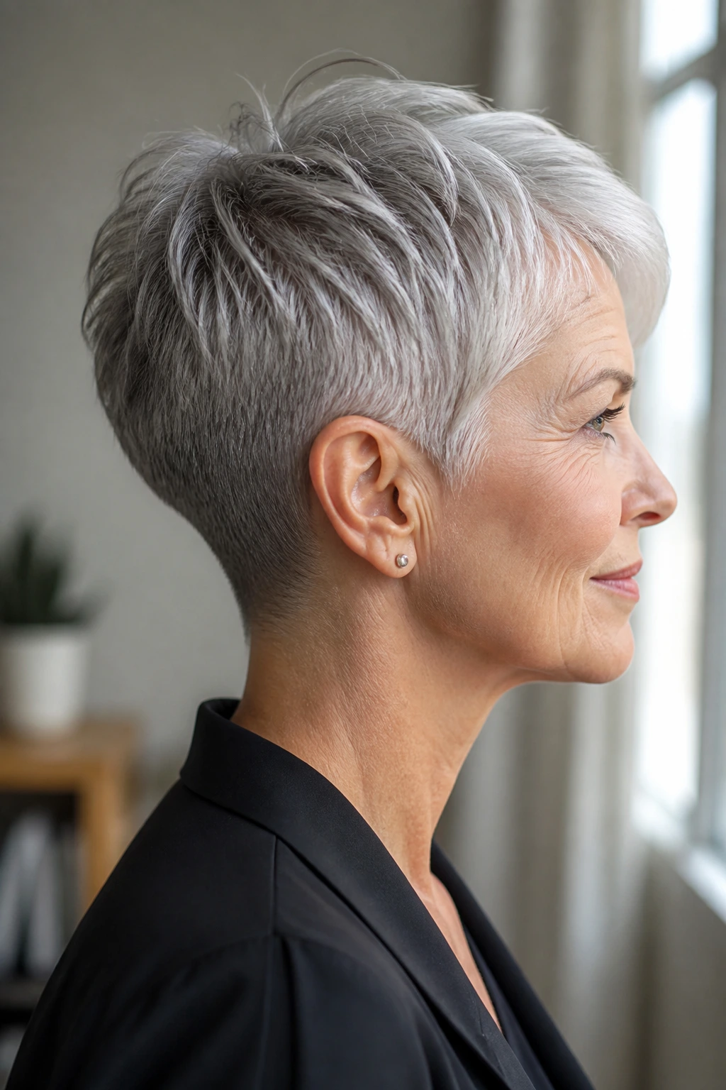 Side-profile of a real woman with a gray pixie and tapered nape