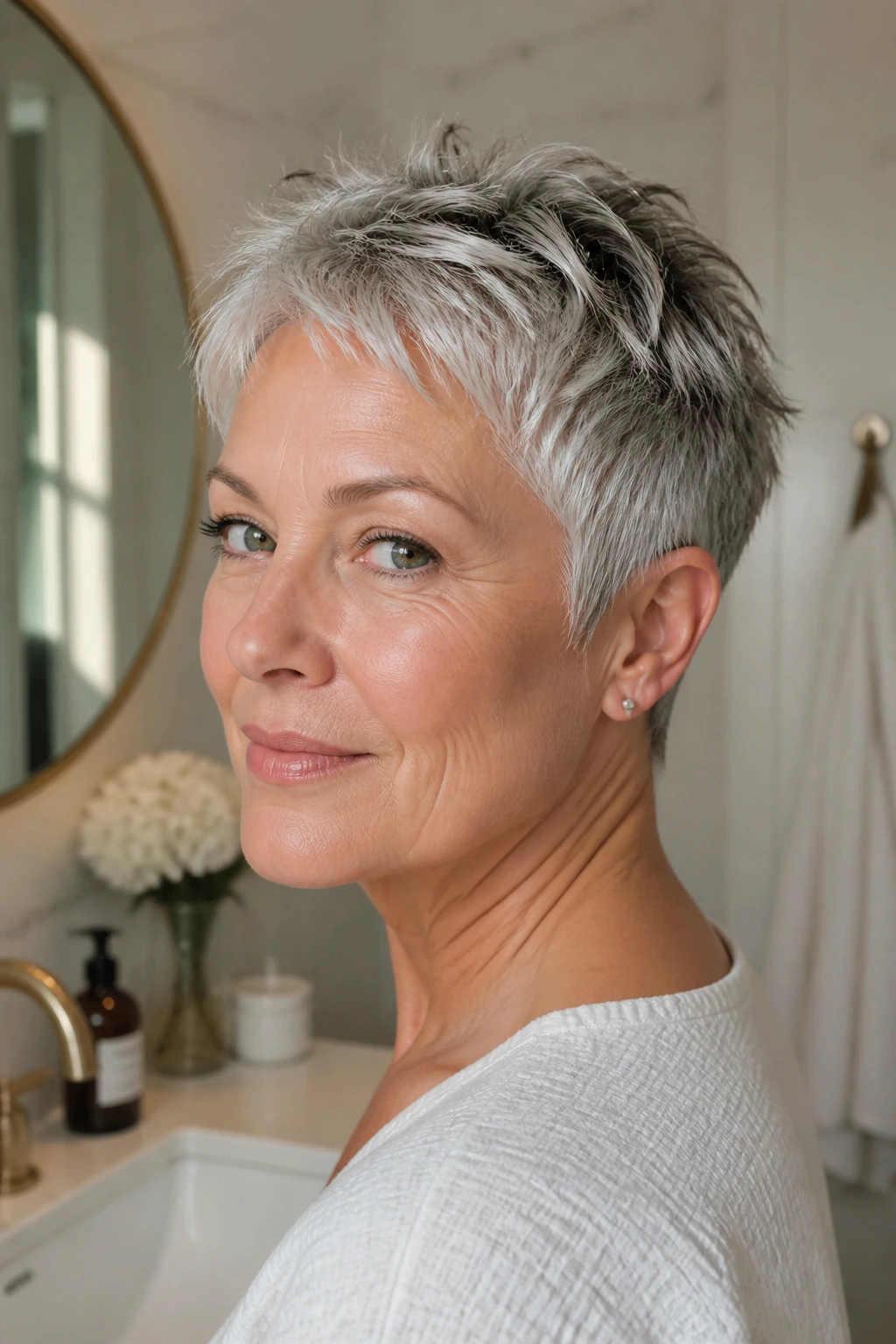 Close-up of an older woman's gray pixie showing sharp trim and neat silhouette.
