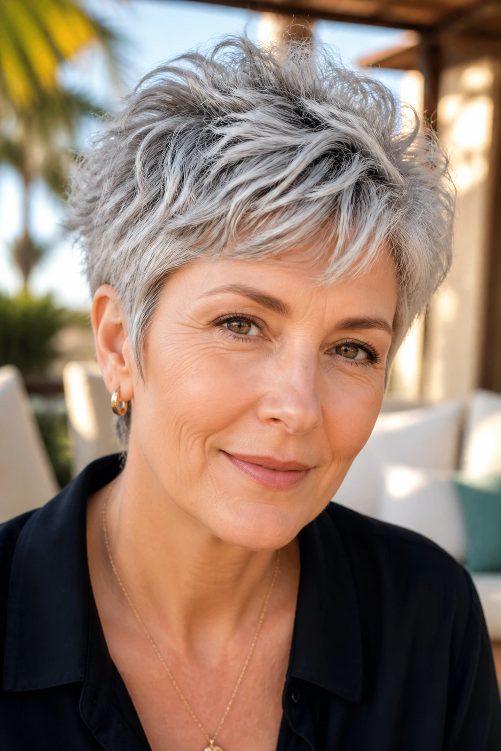 Close-up of a real woman with a wavy gray pixie showing loose movement
