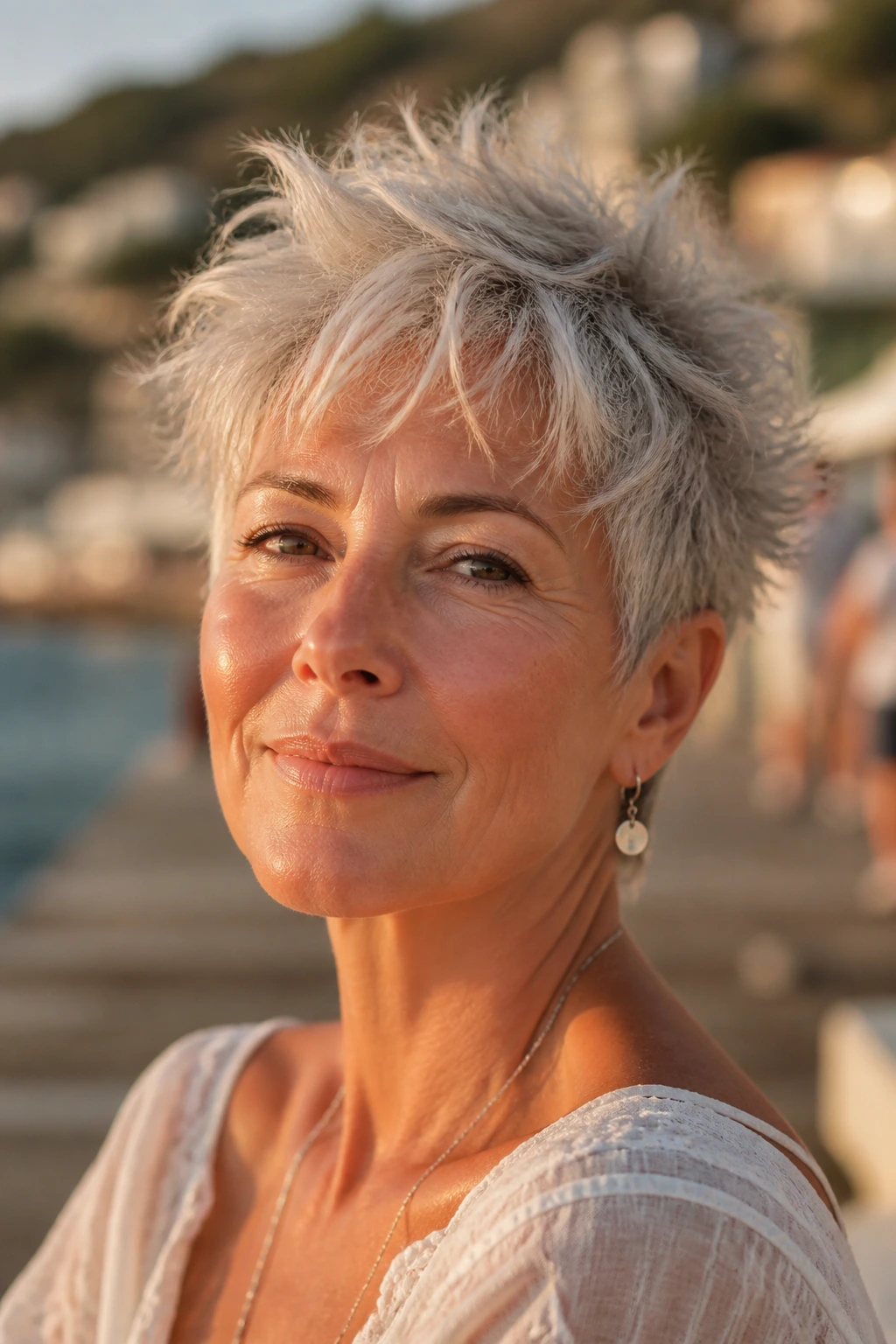 Close-up of an older woman with a silver-gray tousled pixie cut in warm outdoor light
