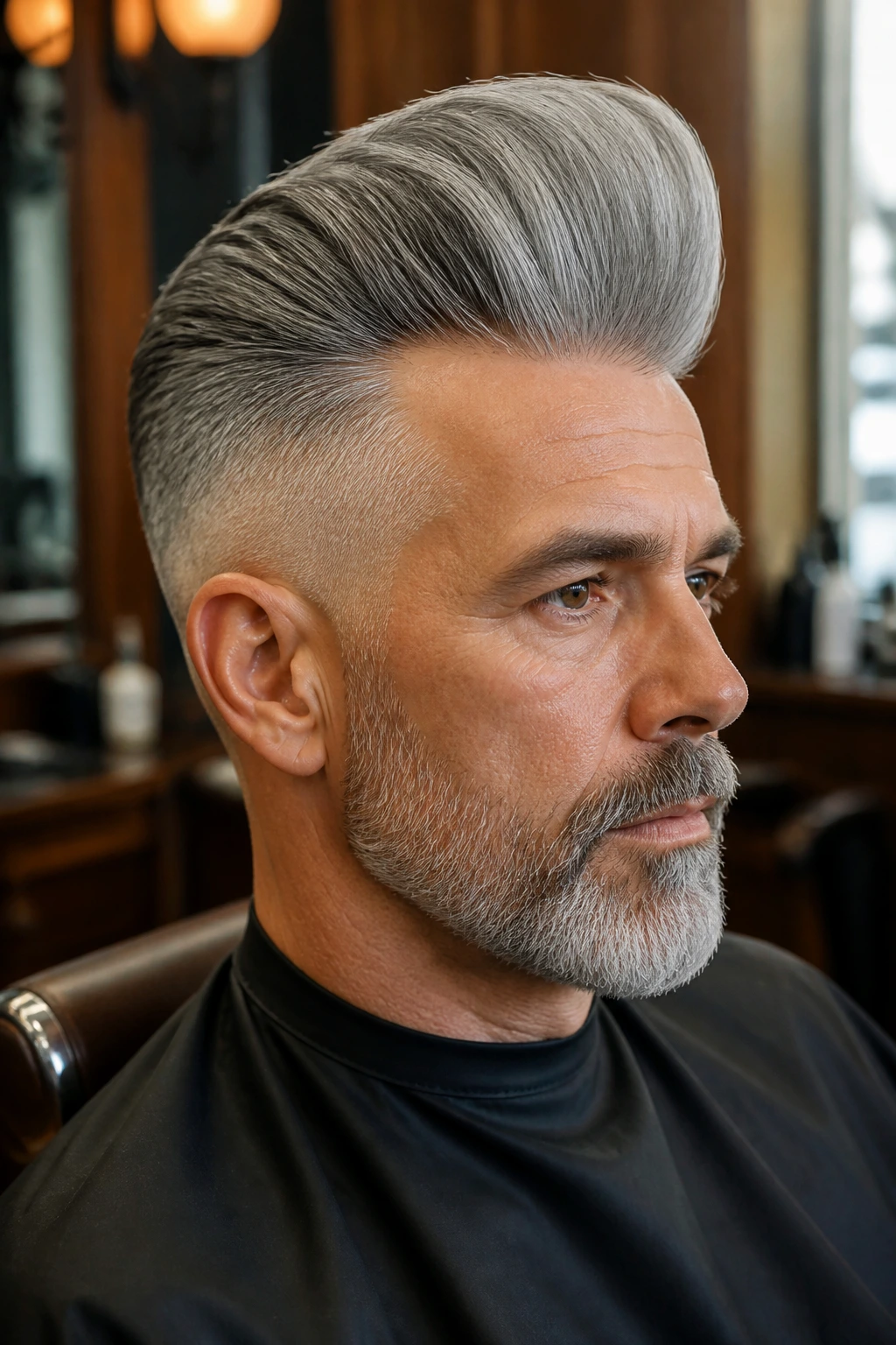 Close-up of a man with a voluminous gray pompadour in a barber shop setting