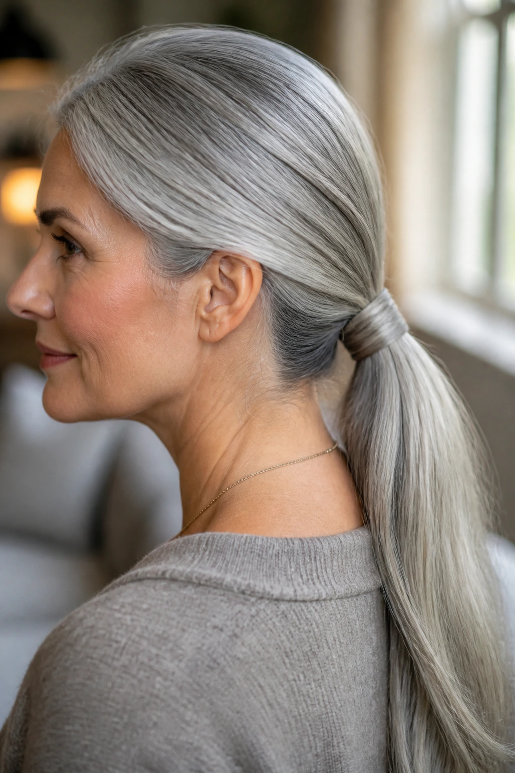 Close-up of a real woman with a low sleek ponytail in gray hair