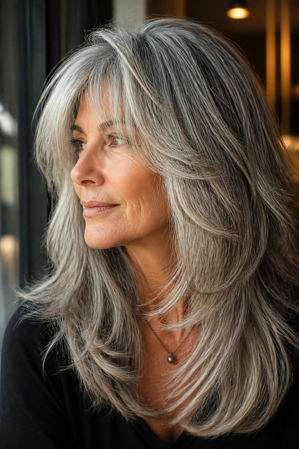 Portrait of a woman with long gray shag and feathered ends