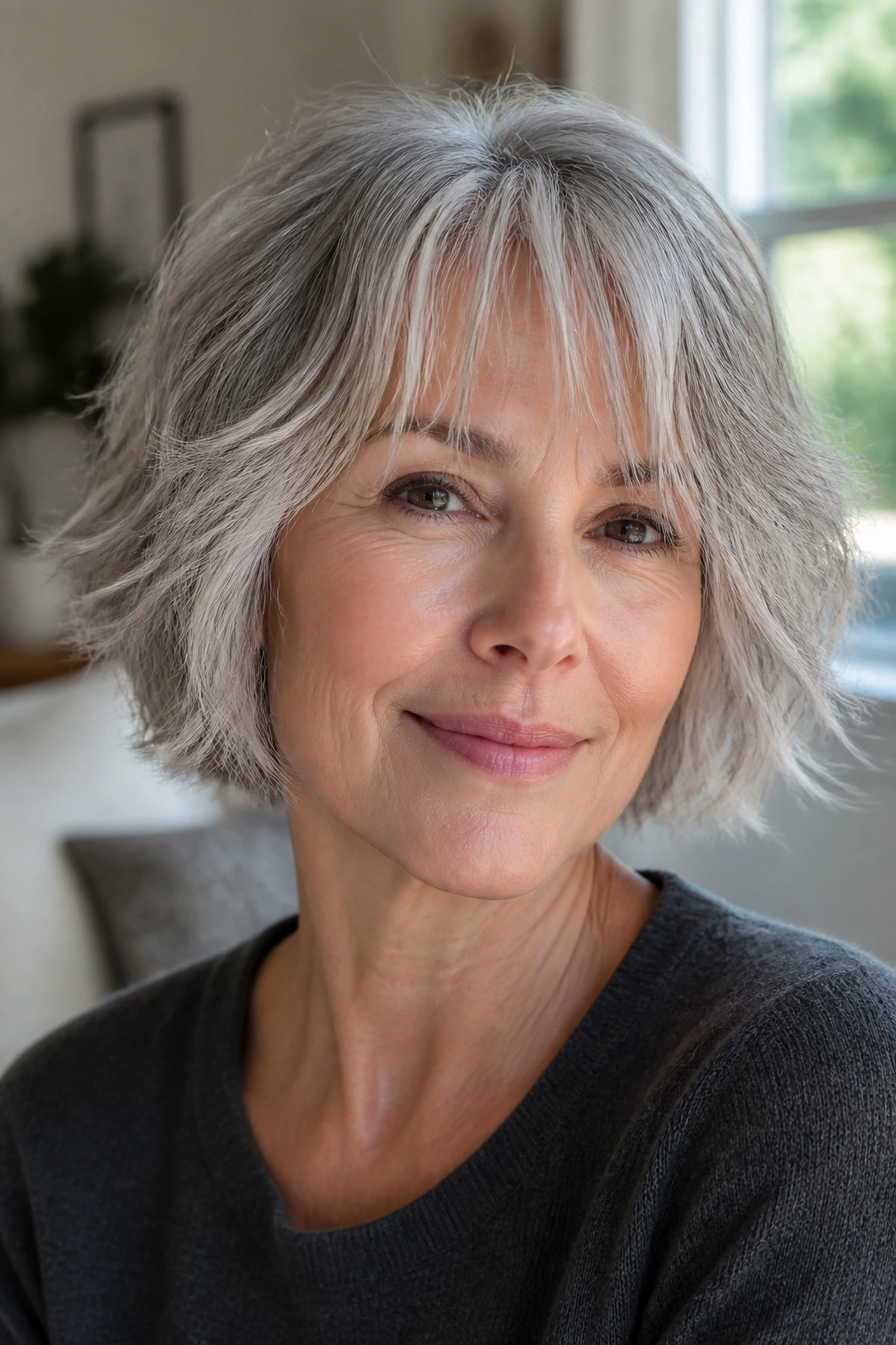 Real woman with chin-length gray shag and airy fringe