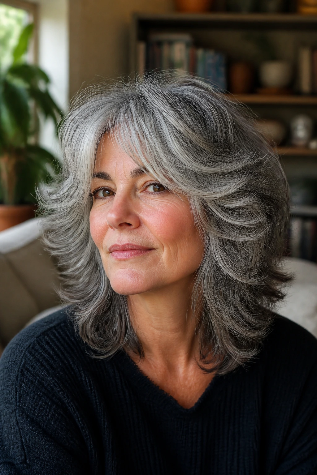 Close-up portrait of a real woman with layered gray shag for thick hair showing crown layers and face-framing pieces