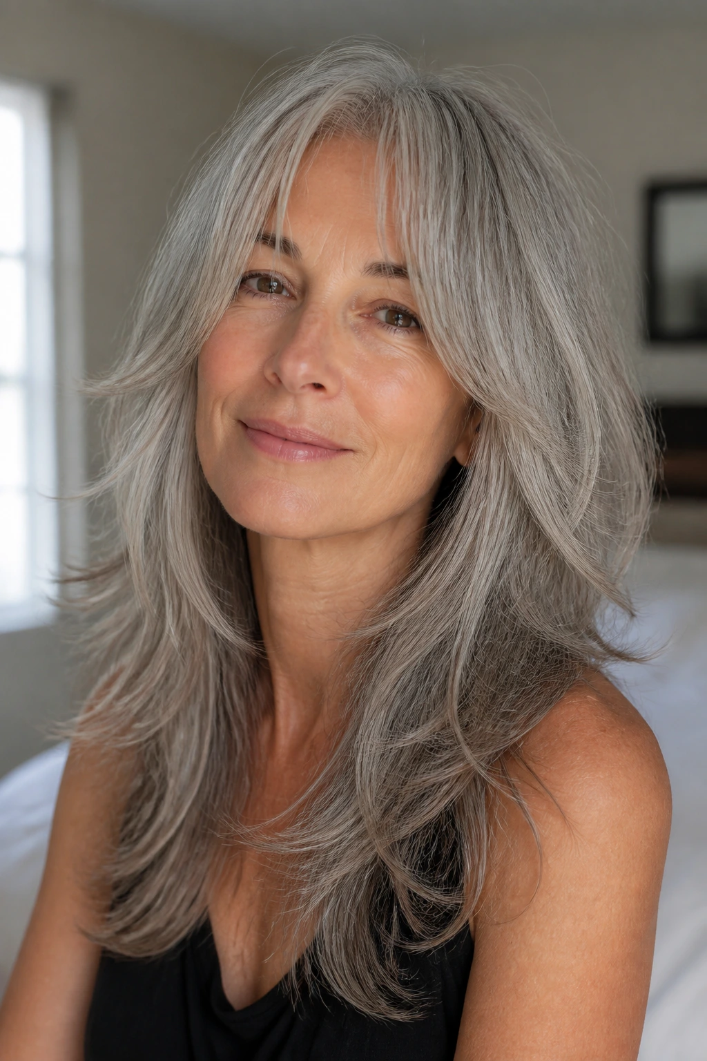 Close-up of a real woman with long gray shag and airy ends