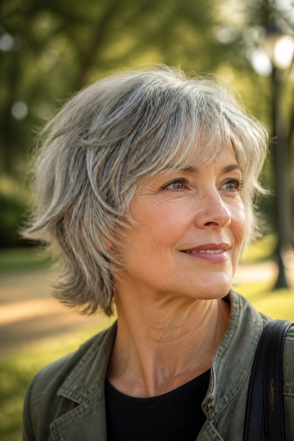 Portrait of a real person with neck-grazing gray shag and layered texture