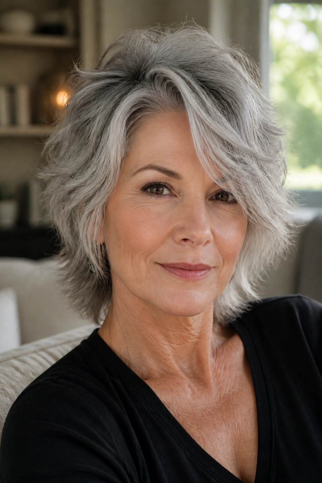 Close-up portrait of an older woman with a gray shag and deep side part in a cozy living room.