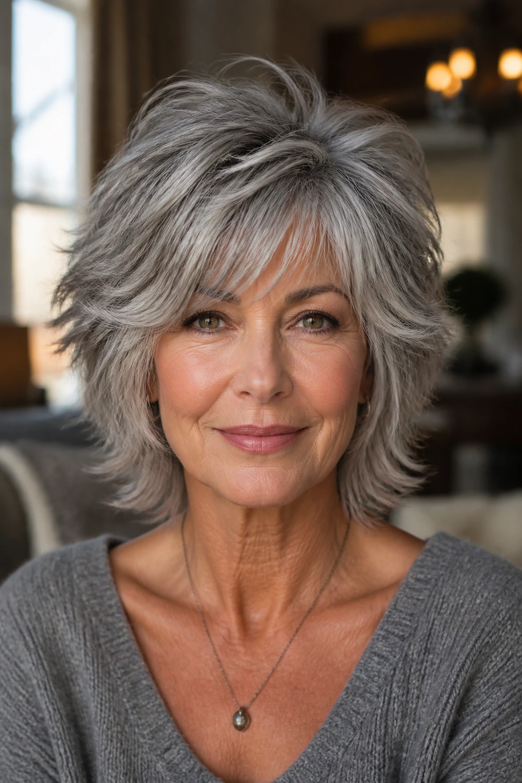 Close-up portrait of a real woman with gray shag hair showing crown movement and face framing