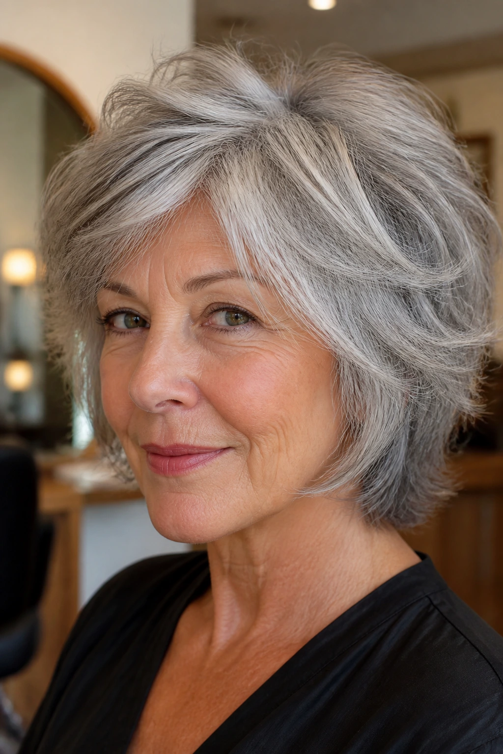 Mature woman with silver-gray hair styled in a choppy gray-blending shag