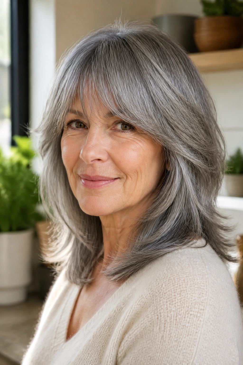 Real woman with glossy gray shag and smooth ends