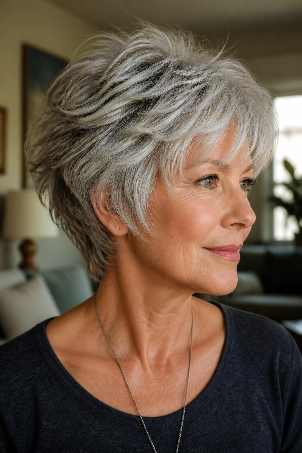 Close-up of an older woman with a tapered gray shag, neat nape and feathered top.