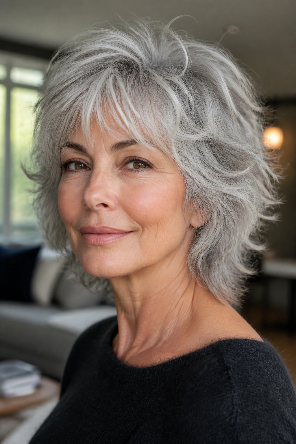 Close-up of a real woman with gray wavy shag showing crown lift and feathered edges