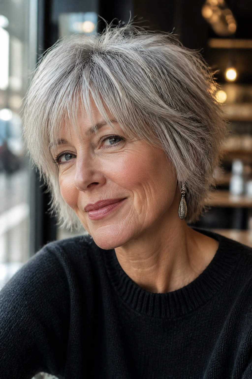 Close-up of a real woman with a soft gray shag and wispy bangs