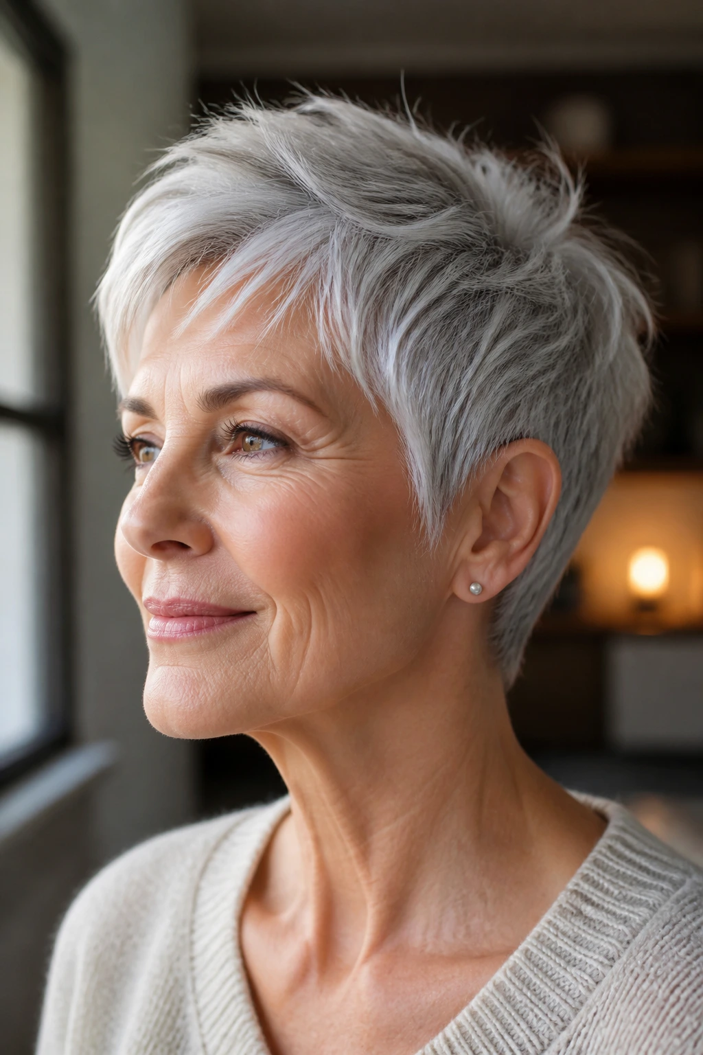 Close-up of a real person with short gray hair showing face-framing style