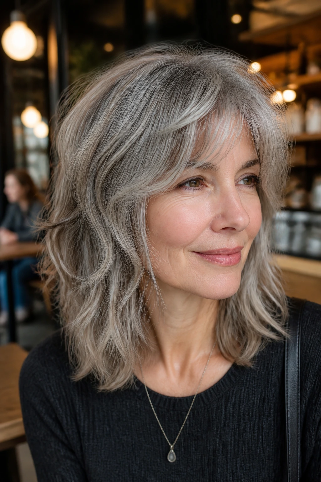 Real woman with shoulder-grazing gray razor shag