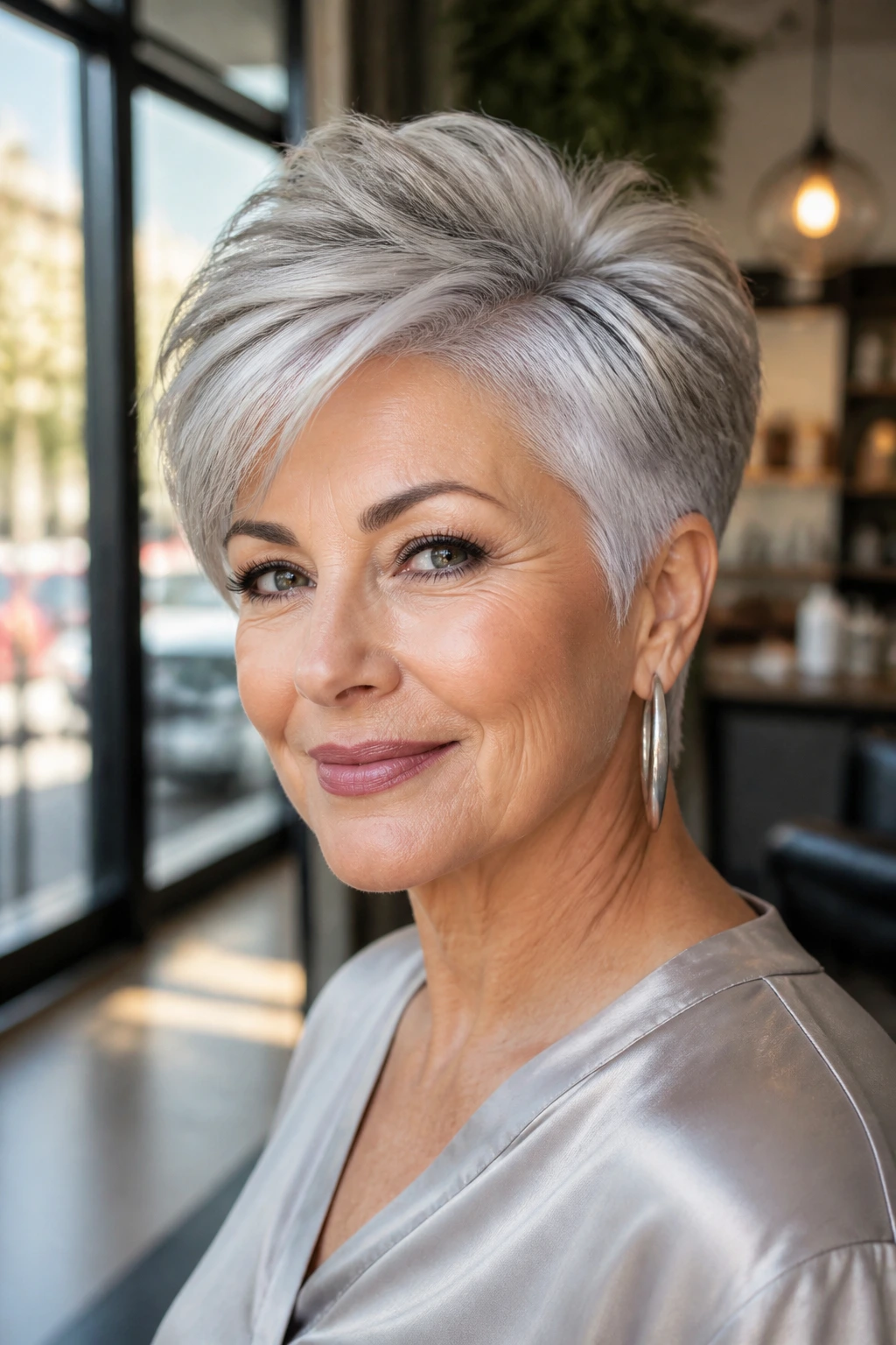 Close-up portrait of a real woman with a short gray-silver haircut and lifted crown.