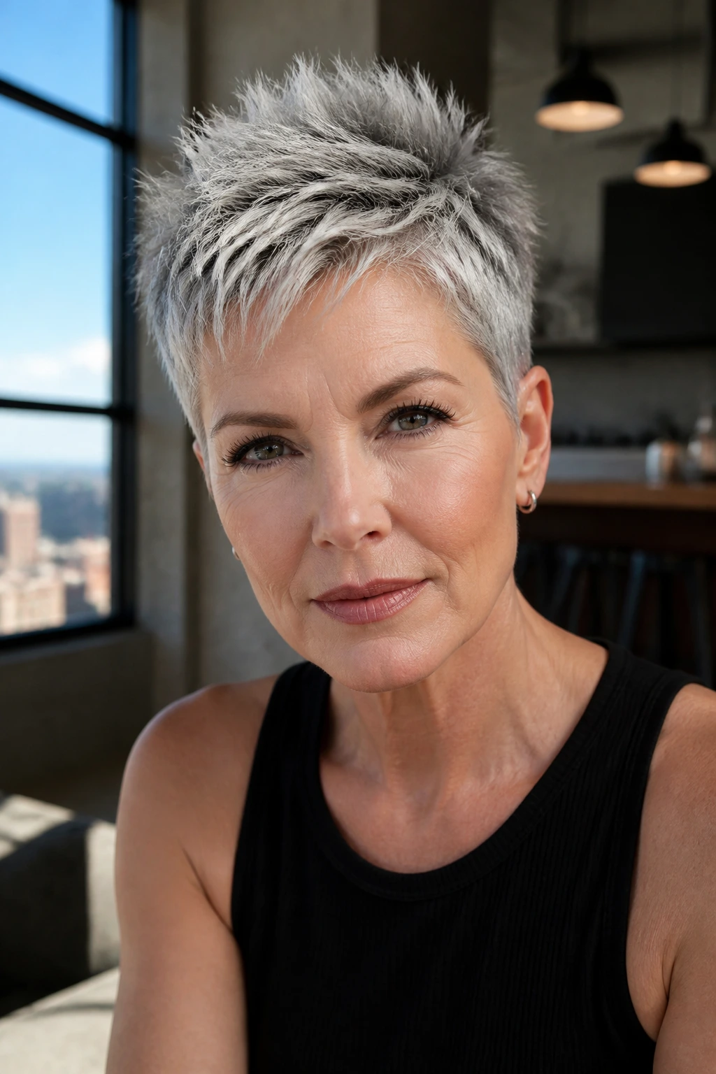 Close-up portrait of a real woman with a gray-silver spiky crop hairstyle