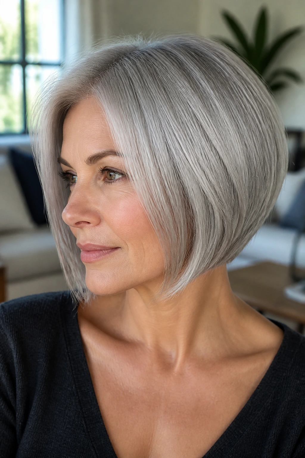 Close-up of a real person with a gray-silver stacked bob showing shine