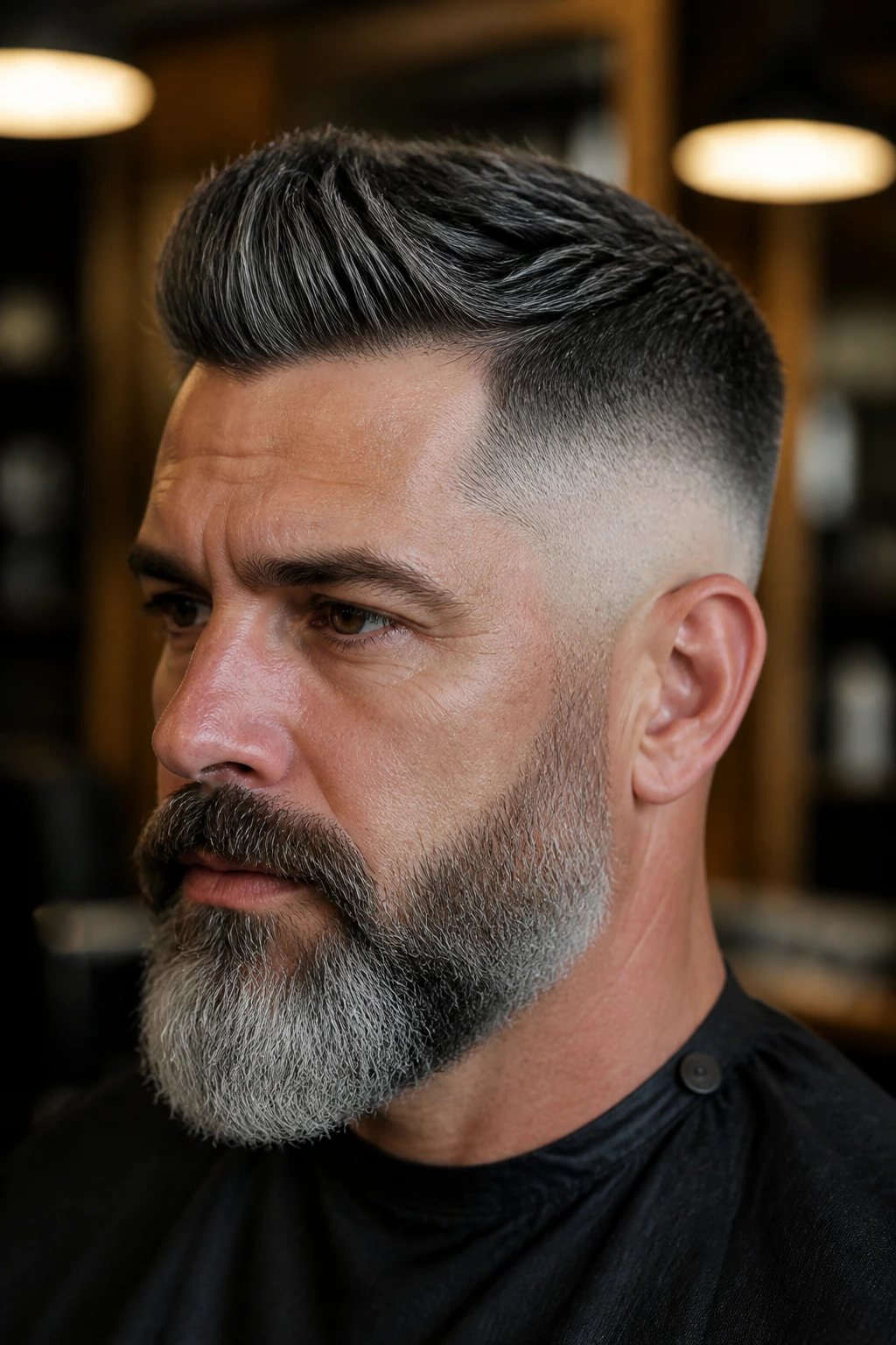 Close-up portrait of a man with gray temple fade and beard.