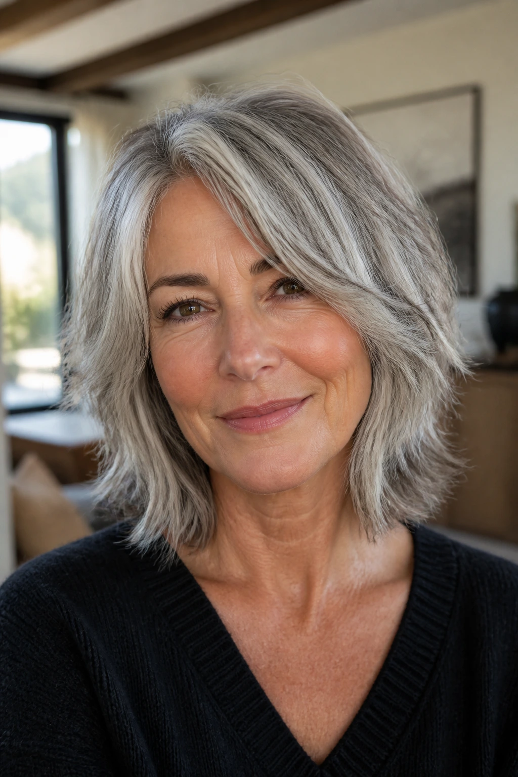 Real woman with textured gray mid-length hair and piecey ends