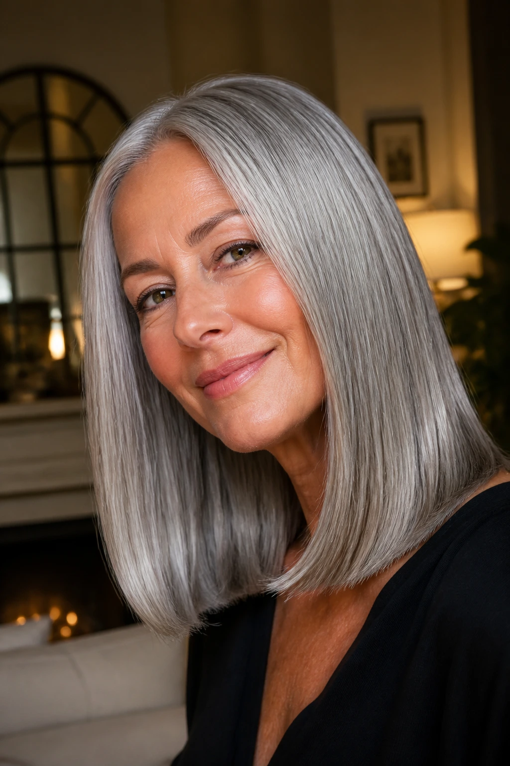 Close-up portrait of a real woman with thick glossy gray one-length midi