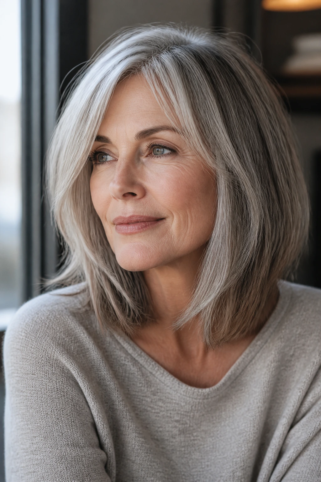 Portrait of a real person with gray tone and lob shape showing color variation and soft layers