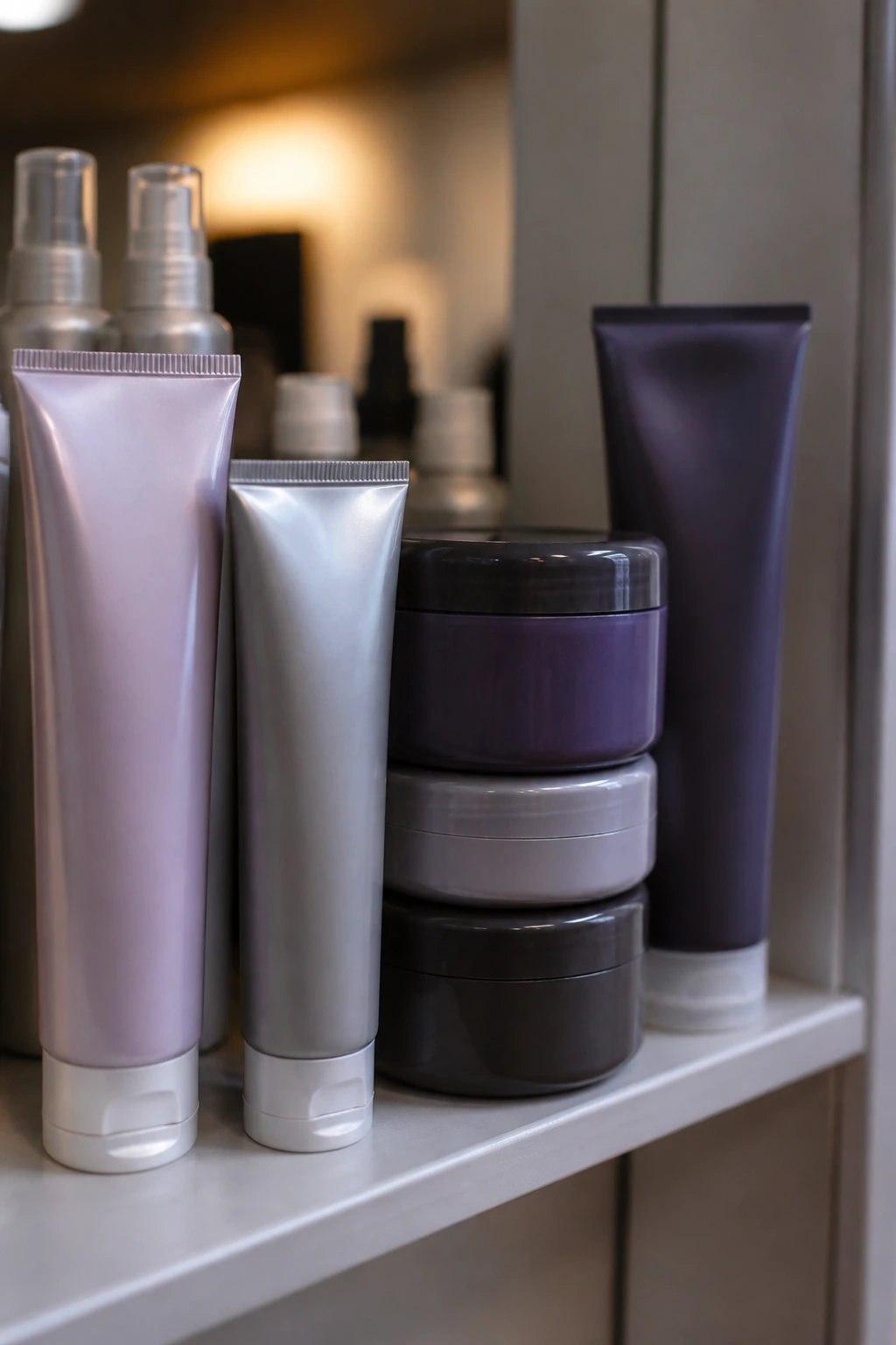Close-up of hair color products for gray toning and glossing on a shelf
