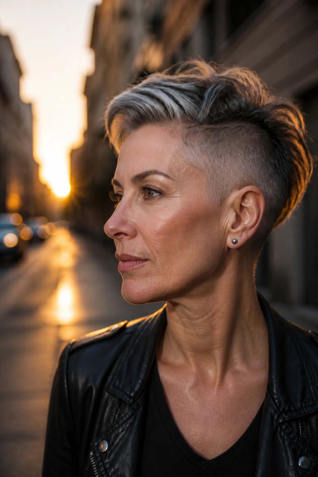 Close-up of a woman with a cropped gray undercut on the sides and longer top